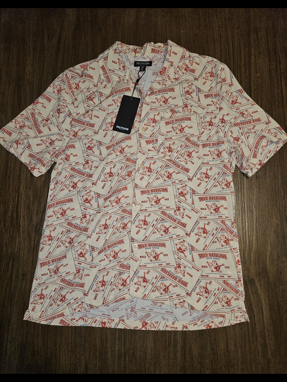 True Religion Cream and Red Logo-Print Short Sleeve Button-Down
